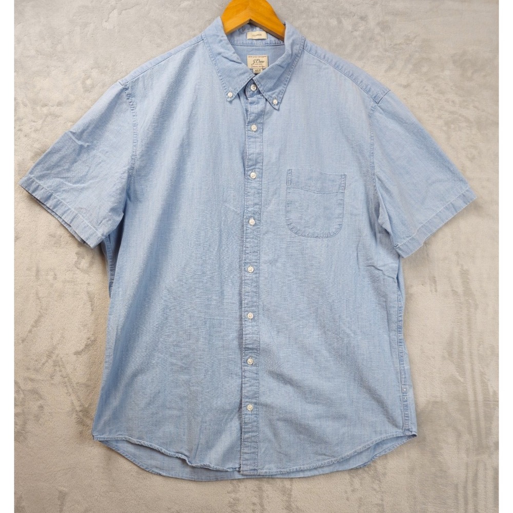 J. Crew Shirt Mens XL Tall Denim Button Front Chambray Short Sleeve Blue Organic